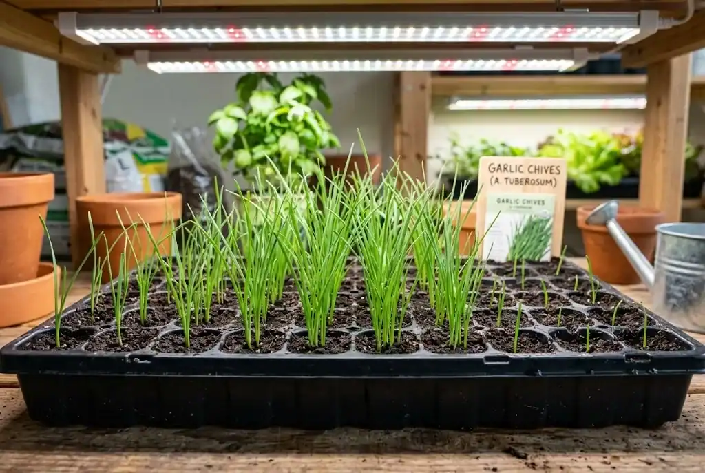 Young garlic chive seedlings emerging in an indoor seed starting cell tray under lights