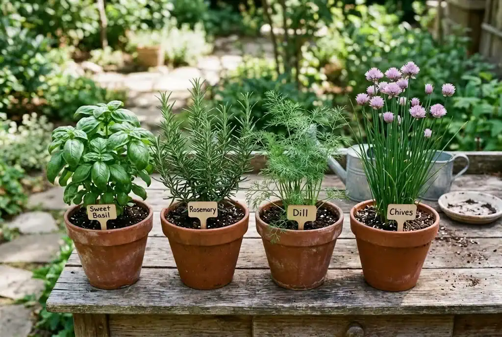 Beginner culinary herb collection in terracotta pots on wooden potting table