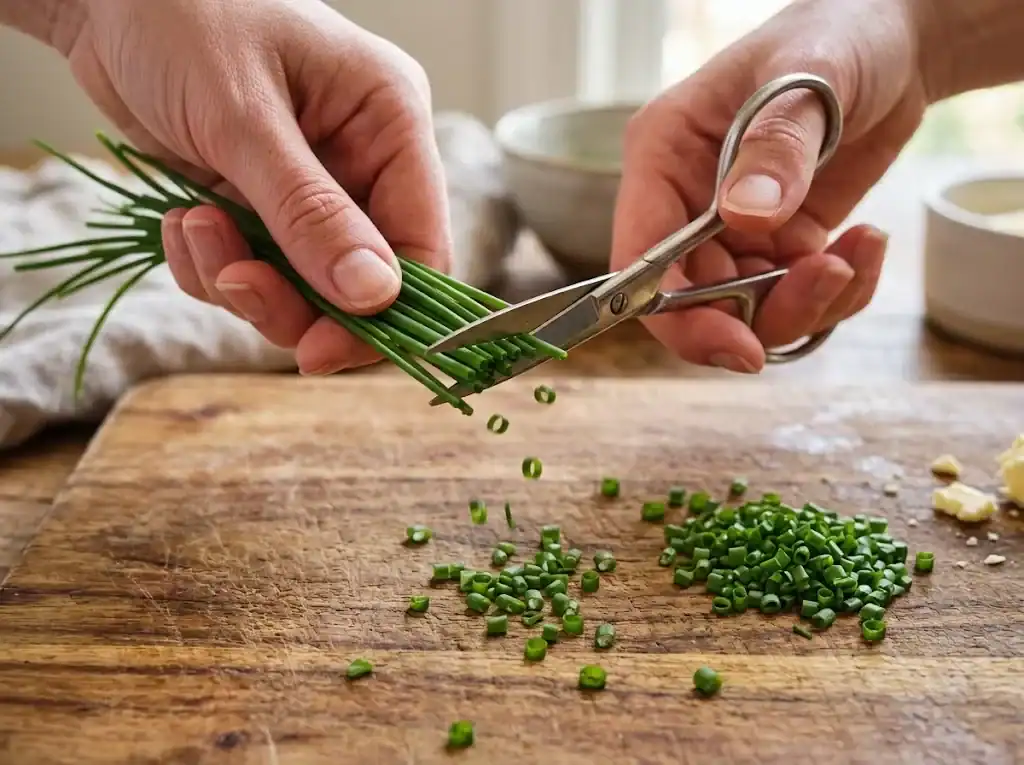A close-up of a hand snipping fresh chives with kitchen scissors over a wooden cutting board