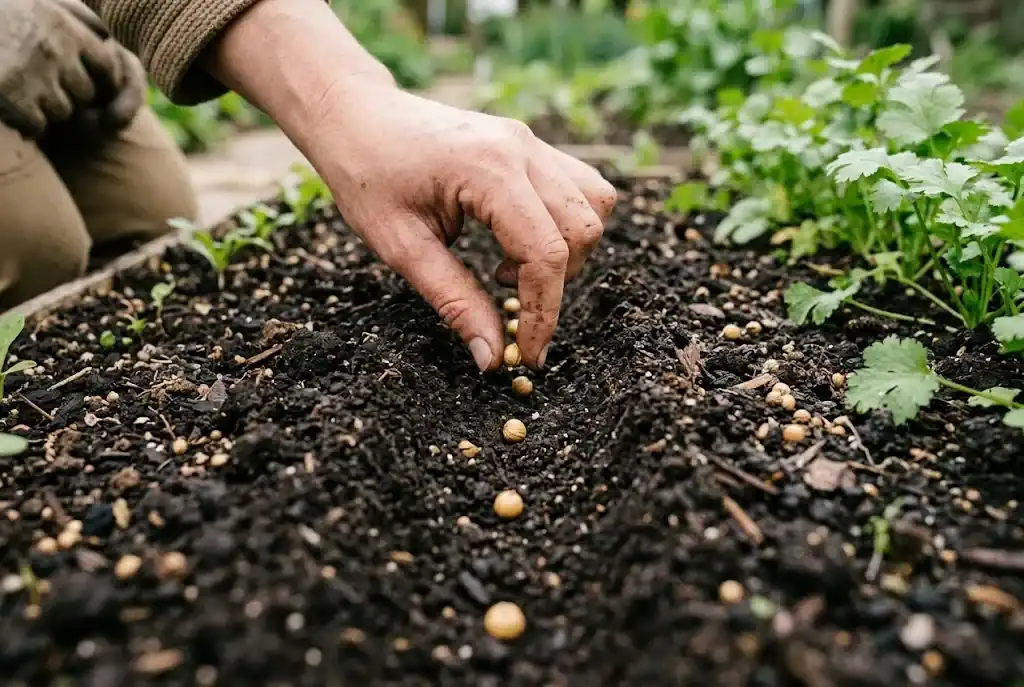 Sowing round coriander seeds into a shallow furrow in rich organic soil