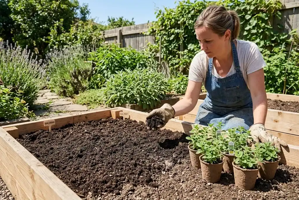 Preparing well-drained soil in a sunny garden bed for planting marjoram