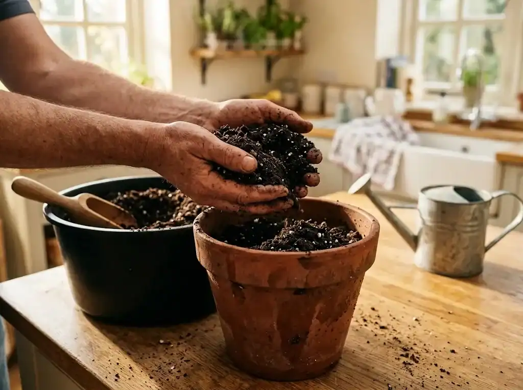Hands scooping rich potting mix into a deep clay pot