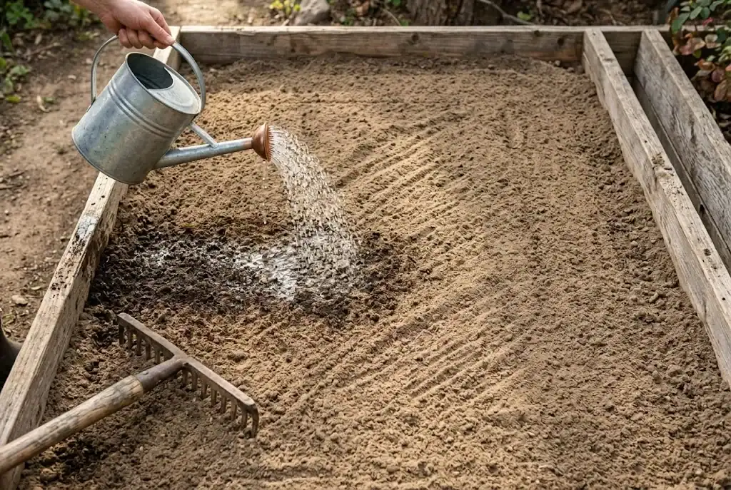 Overhead view of a freshly raked chamomile seedbed being watered