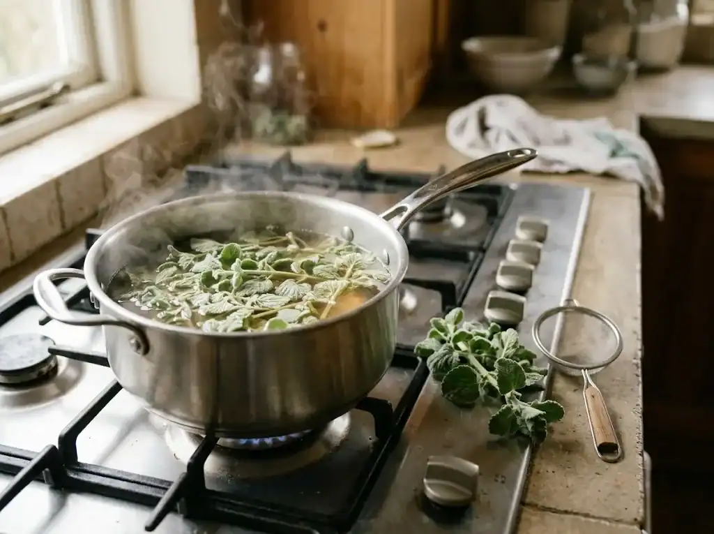 Fresh horehound leaves steeping in a saucepan of water