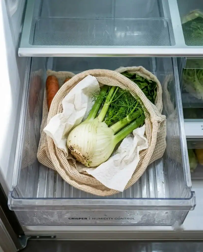 Unwashed fennel bulb loosely wrapped in a paper towel inside a refrigerator crisper drawer