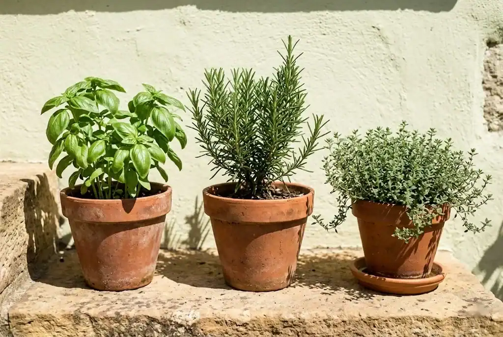 Three terracotta pots of basil, rosemary, and thyme sitting on a south-facing stone step in bright midday sun