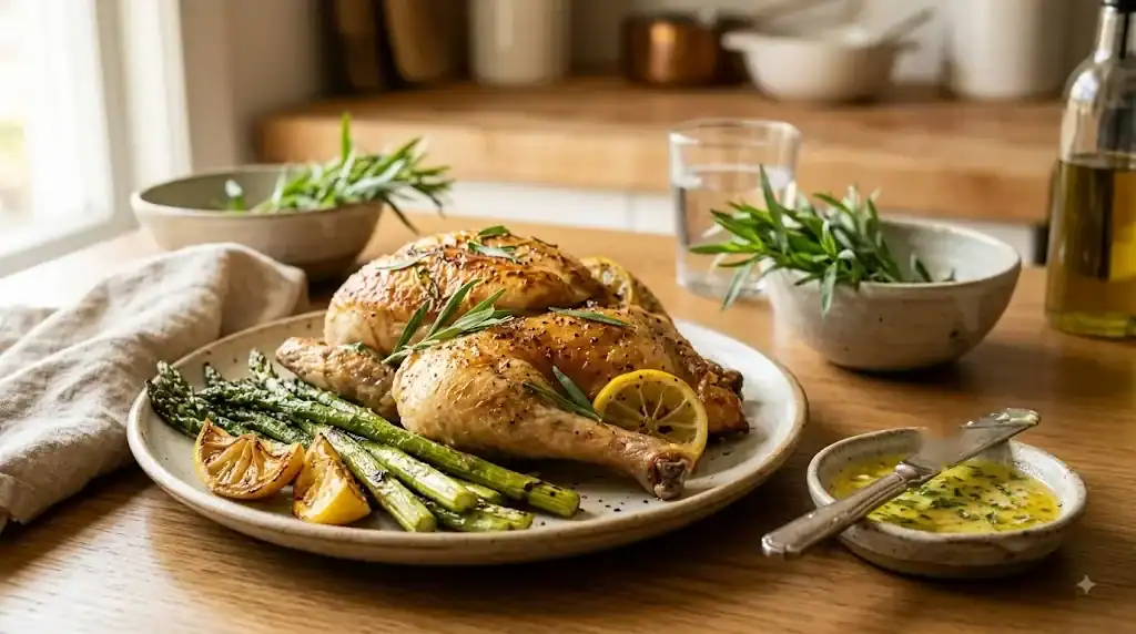 Cook finishing a tarragon pan sauce beside seared poultry in a skillet