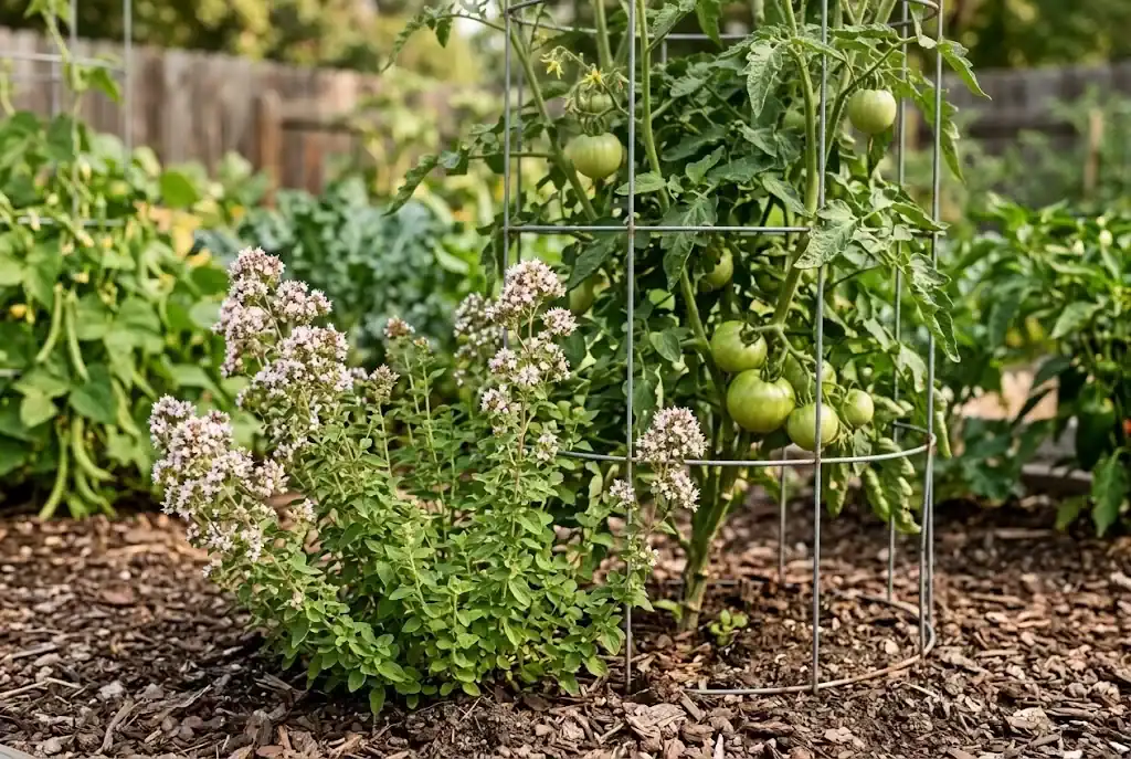Flowering oregano planted at the base of a tomato cage in a home vegetable garden