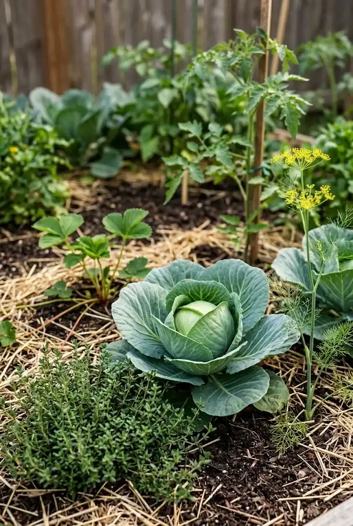 Companion planting bed with thyme and dill growing alongside a cabbage and a strawberry plant