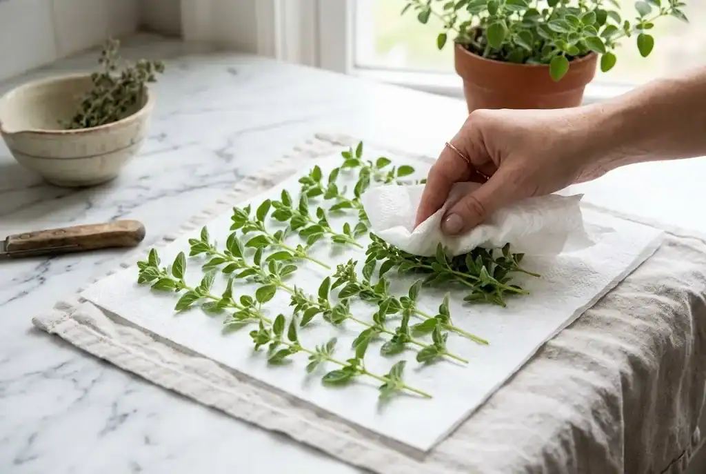 Fresh Greek oregano sprigs spread on paper towels and gently patted dry to remove moisture