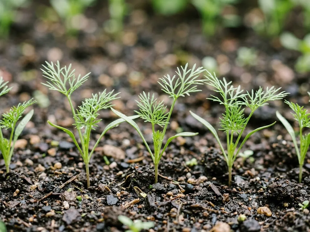Young dill seedlings thinned to proper spacing in moist garden soil