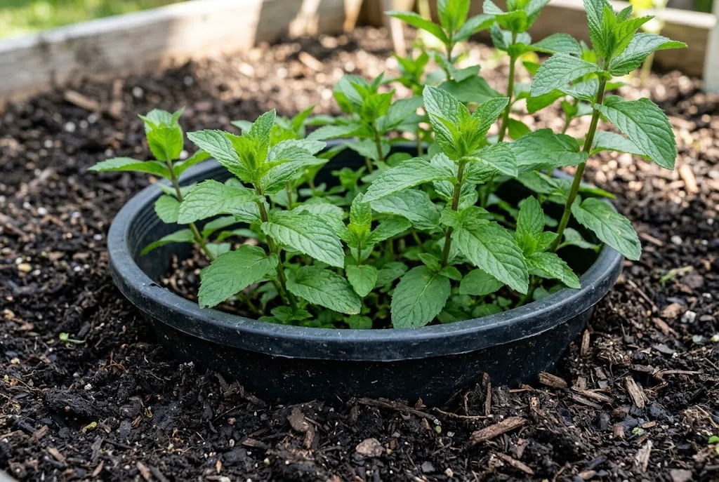 Container-grown mint with plastic pot rim protruding above soil to prevent root spreading