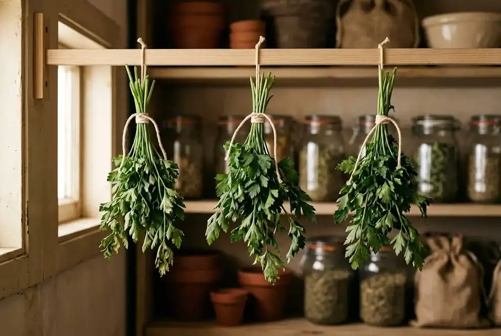 Small bundles of parsley hanging upside down from a wooden rail to dry