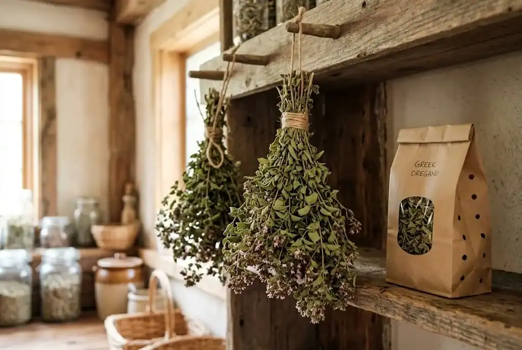 Small bundles of Greek oregano stems tied with twine hanging upside down in an airy pantry to air-dry