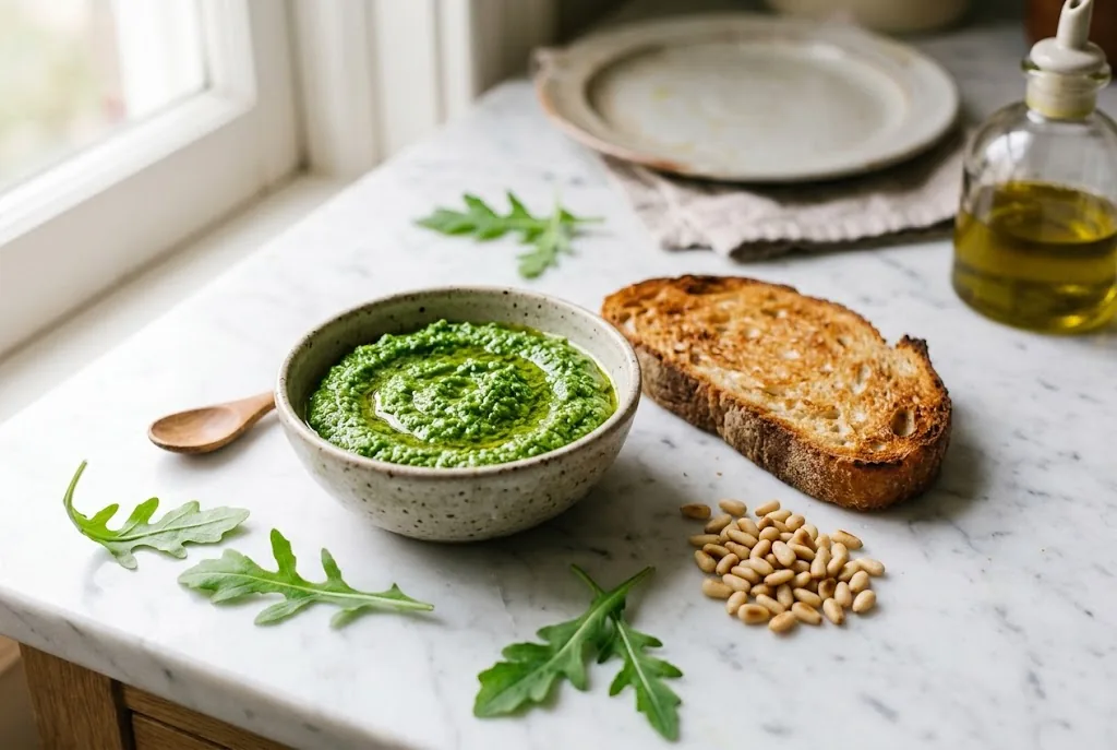 A small bowl of bright green arugula pesto drizzled with olive oil, beside a slice of crusty bread and toasted pine nuts