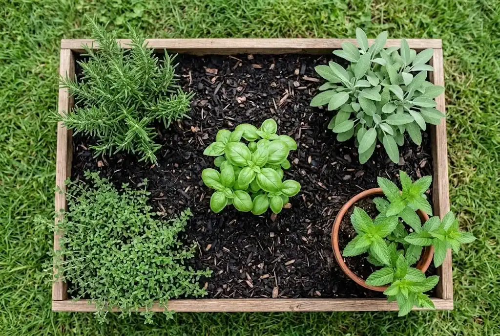 Top-down view of a small herb bed laid out in rows with rosemary, sage, basil, thyme, and mint