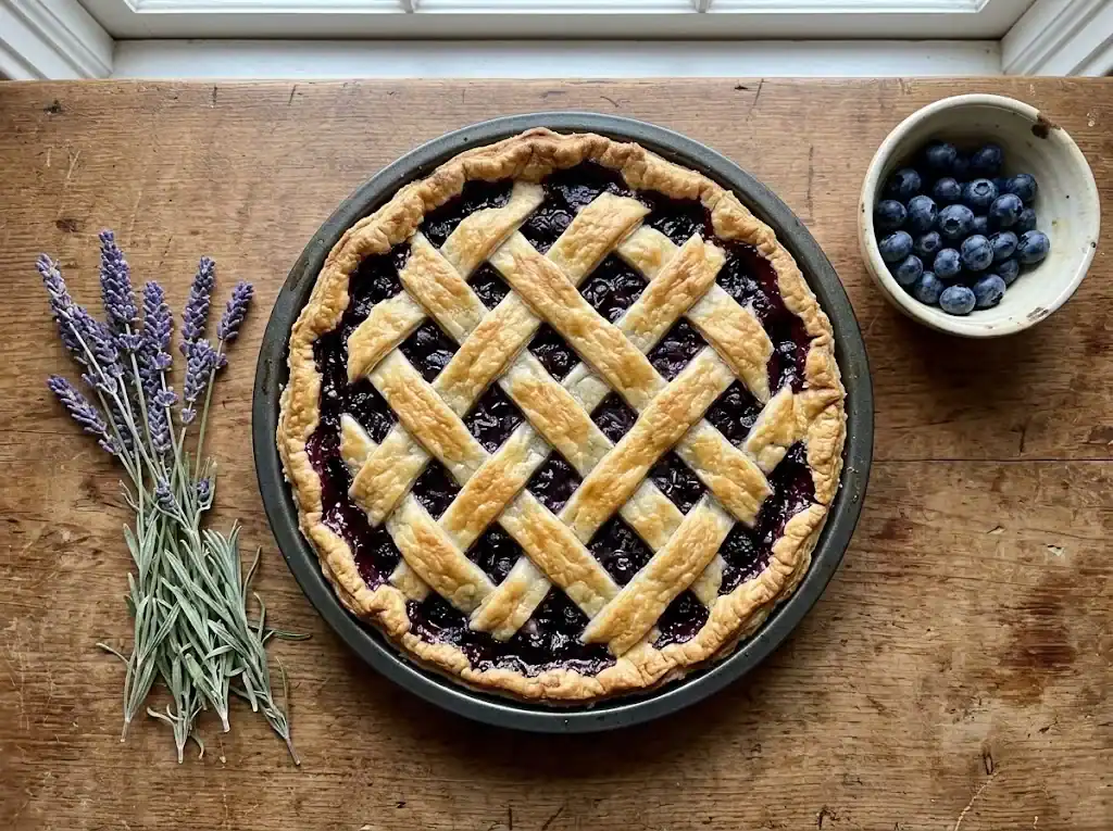 Whole baked double-crust blueberry lavender pie cooling on a wooden table with fresh blueberries and dried lavender sprigs