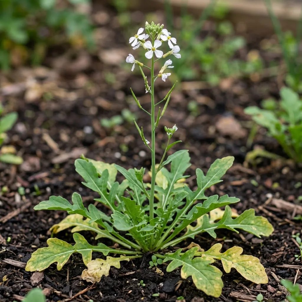 A bolted arugula plant with a tall flower stalk of small white blooms above the leaf rosette