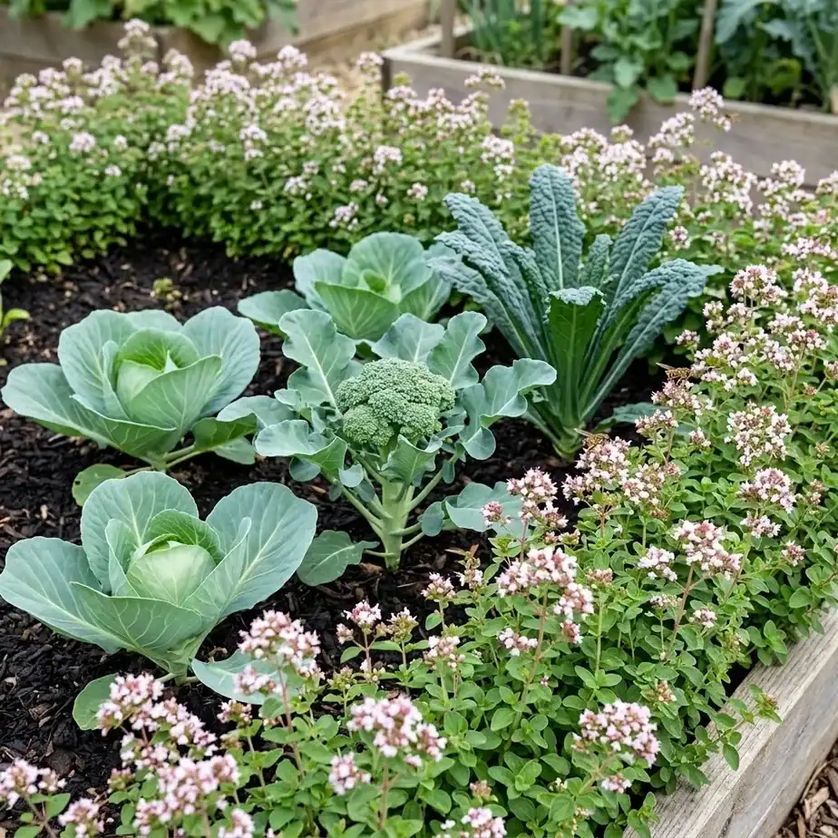 Oregano planted as a flowering perimeter around cabbage, broccoli, and kale