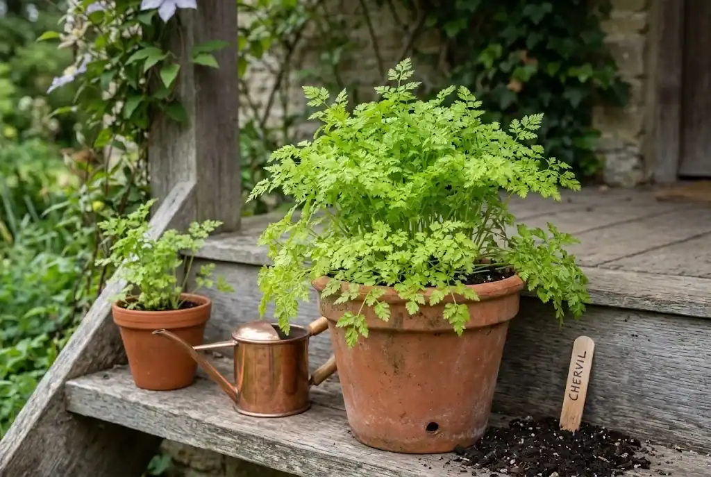 Chervil plant growing in a terracotta container on a shaded porch step