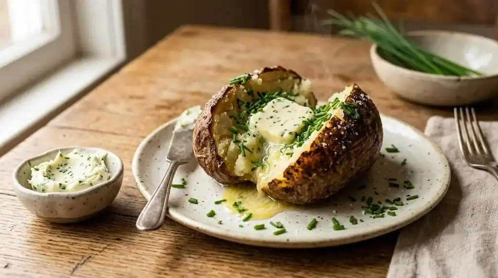 Chive compound butter melting over a baked potato beside fresh chive leaves