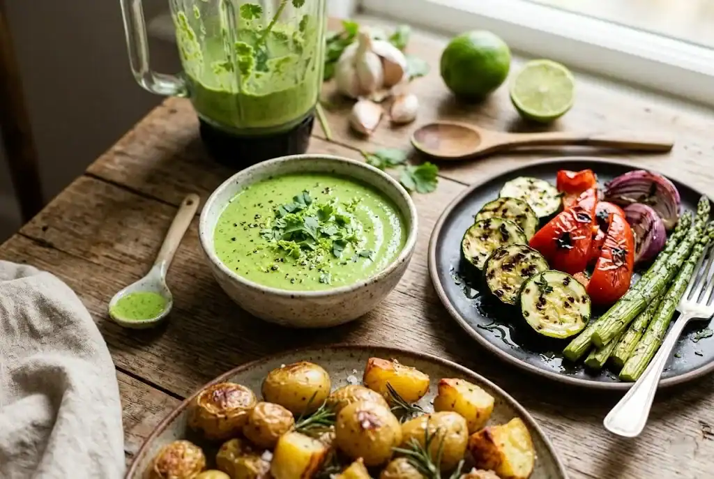 Cilantro lime green sauce beside grilled vegetables and roasted potatoes