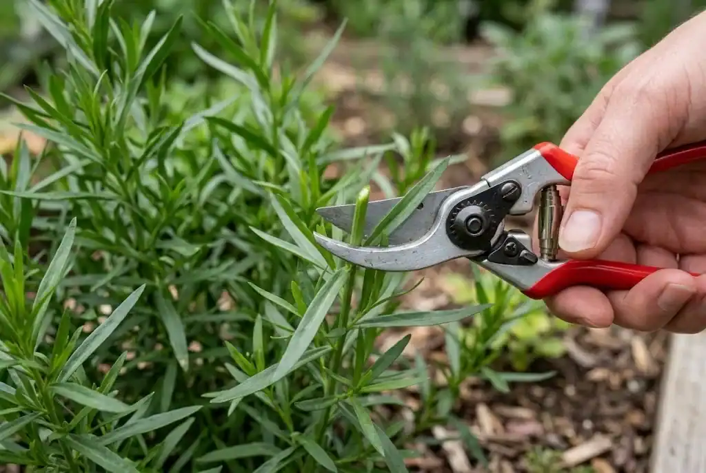 Clean pruning snips cutting a tender tarragon stem above a leaf node