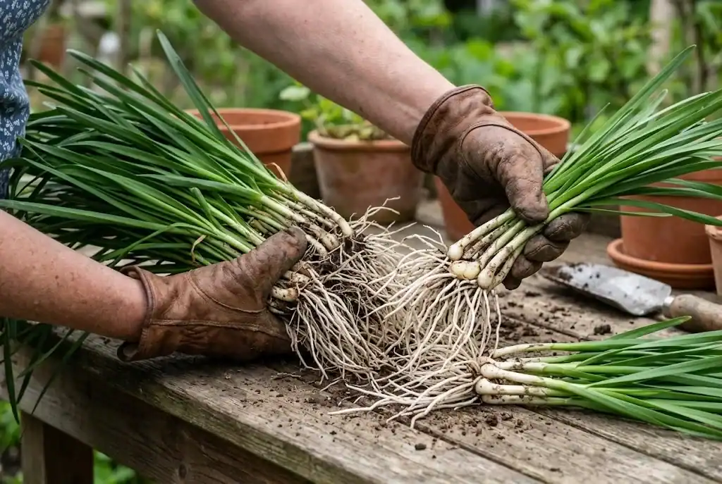 Hands of a gardener dividing a healthy mature clump of garlic chives with fibrous roots