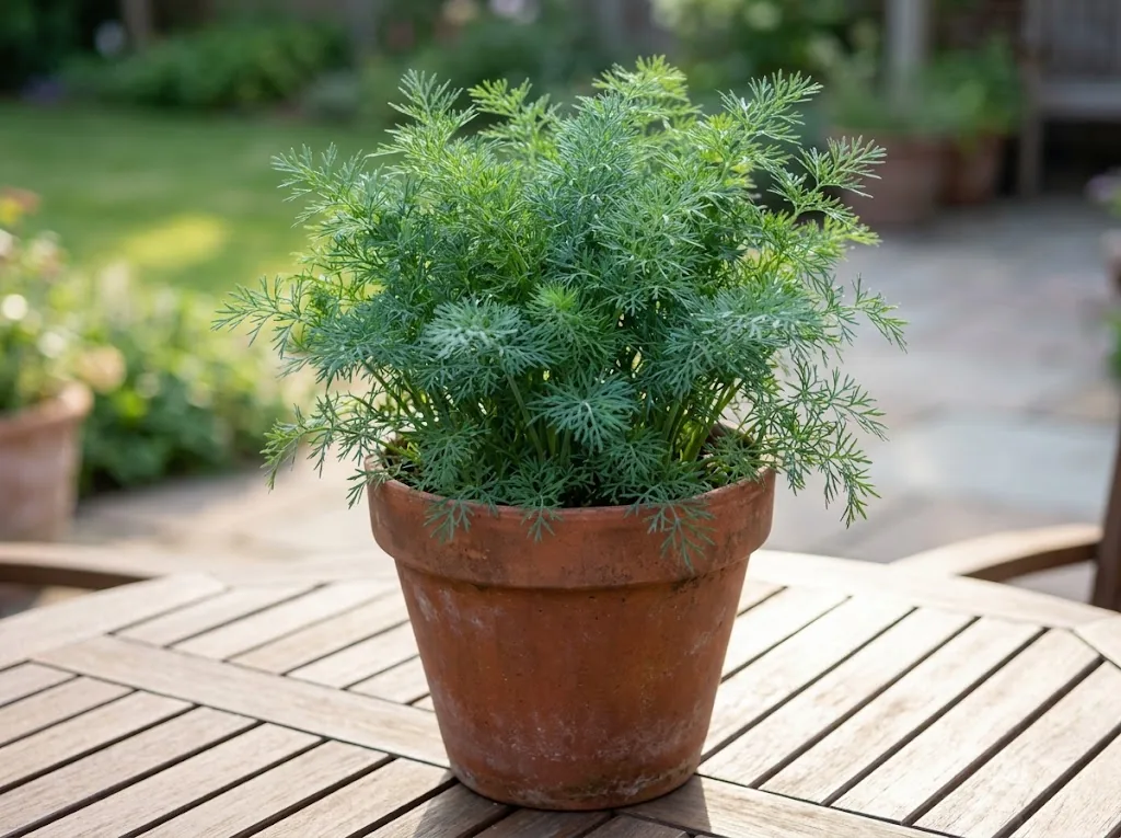 Bushy Fernleaf dill cultivar growing in a deep terracotta container on an outdoor patio