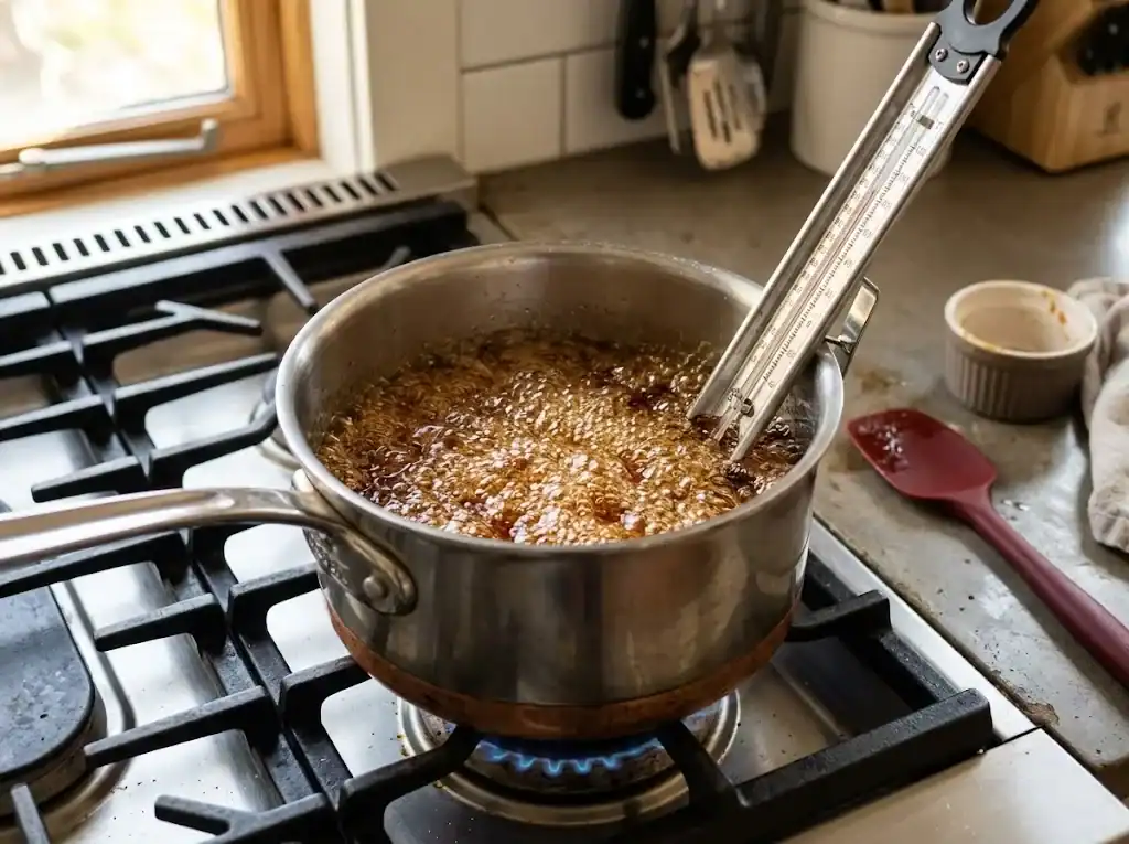 Horehound syrup boiling with a candy thermometer in a saucepan