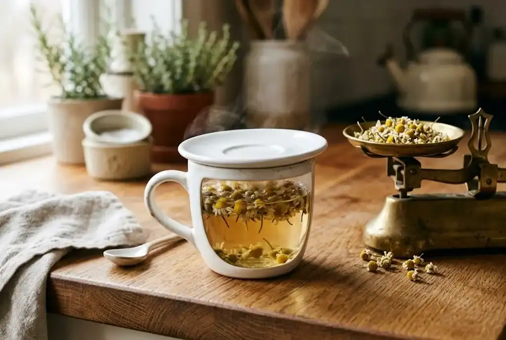 A white cup of chamomile steeping with loose flower heads, a small saucer resting on top as a lid and steam escaping at the rim