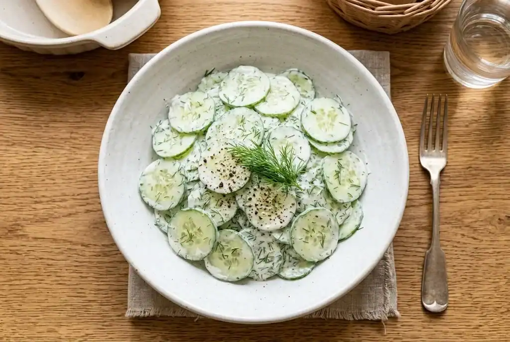 Creamy sliced cucumber salad with yogurt dressing and fresh chopped dill