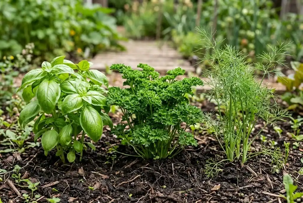 Popular beginner culinary herbs including sweet basil, curly parsley, and dill in garden soil