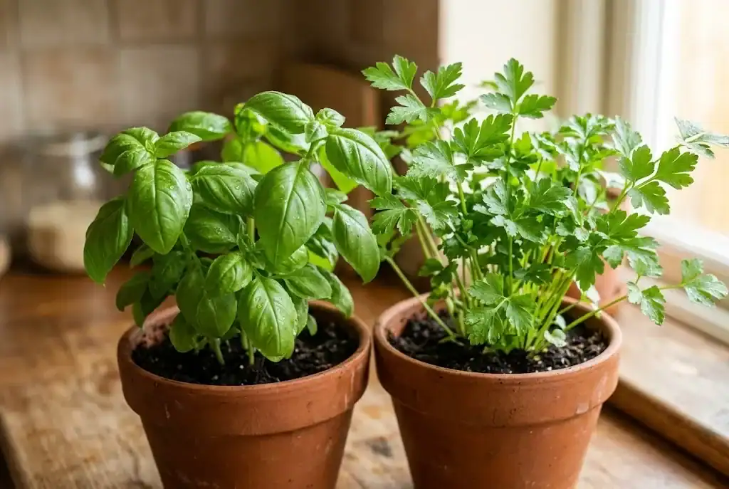 Healthy potted sweet basil with cupped glossy leaves and flat leaf Italian parsley in matching ceramic containers