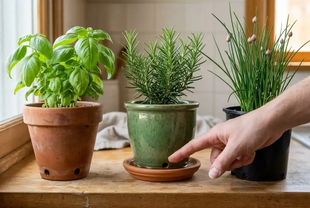 Three small herb containers side by side showing visible drainage holes beneath terracotta and ceramic pots