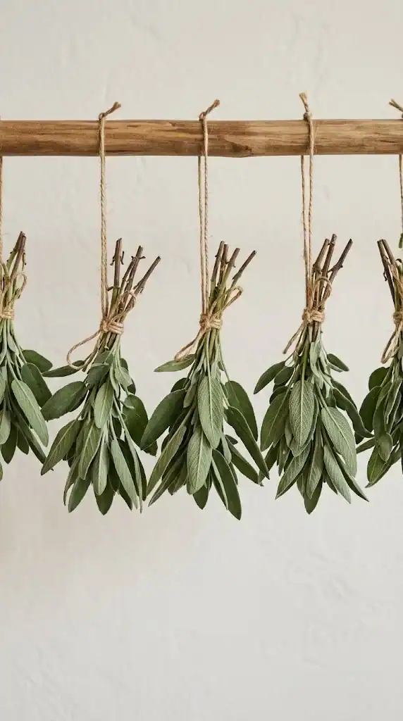 Small bundles of fresh sage tied with natural twine hanging upside down to air-dry against a plain wall