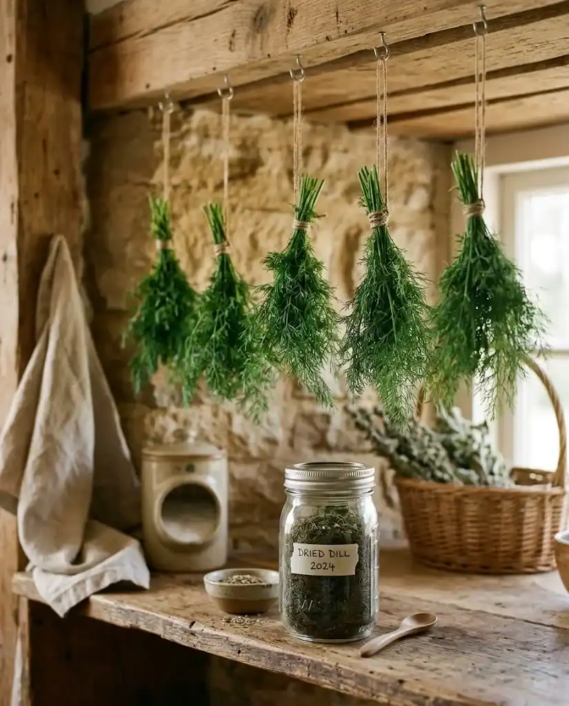 Small bundles of dill drying beside a jar of dried dill