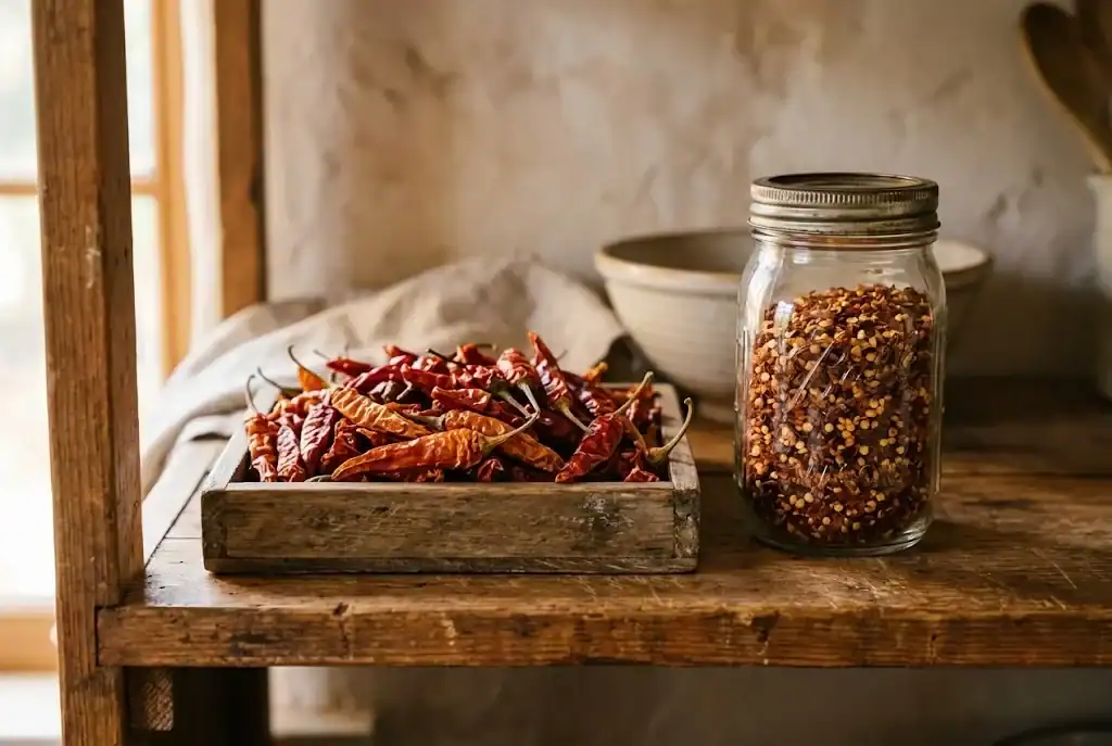 Dried chilies and flakes in a glass jar