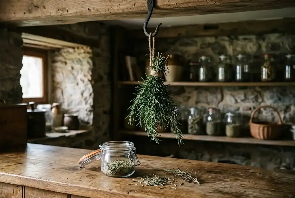 A bundle of rosemary hanging upside down to dry in an airy pantry, with dried leaves in an open jar below