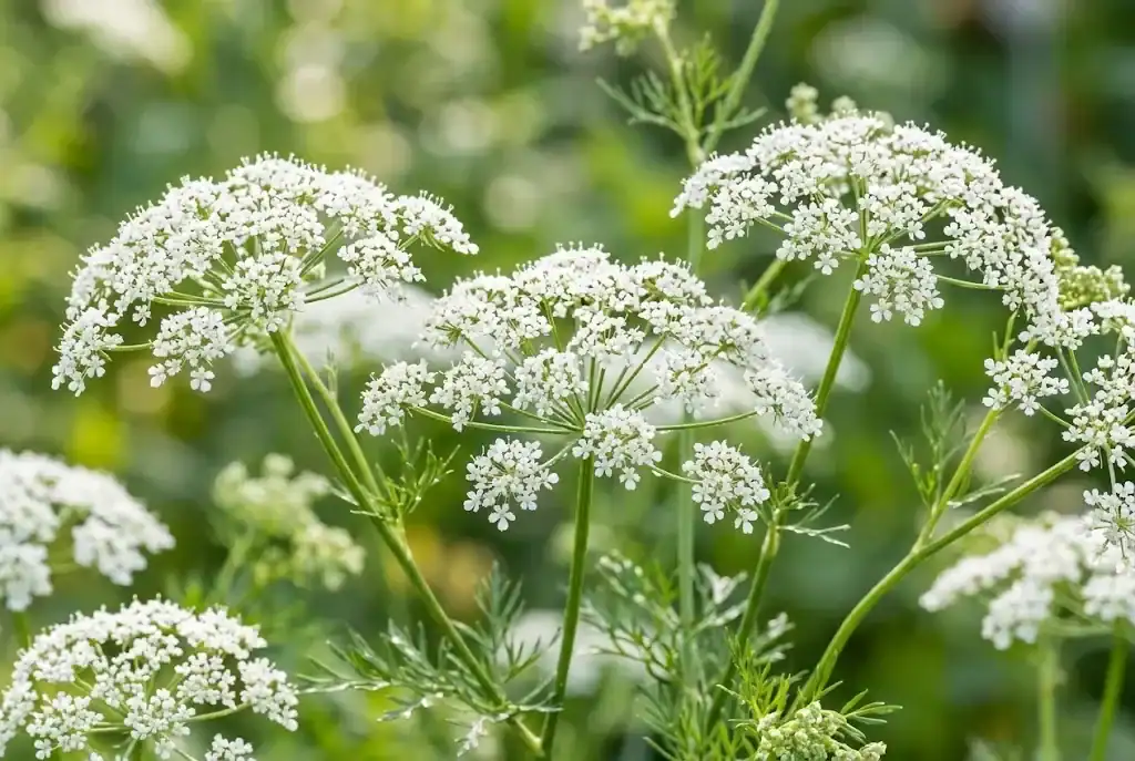 Delicate white compound umbel flower heads of blooming anise in midsummer