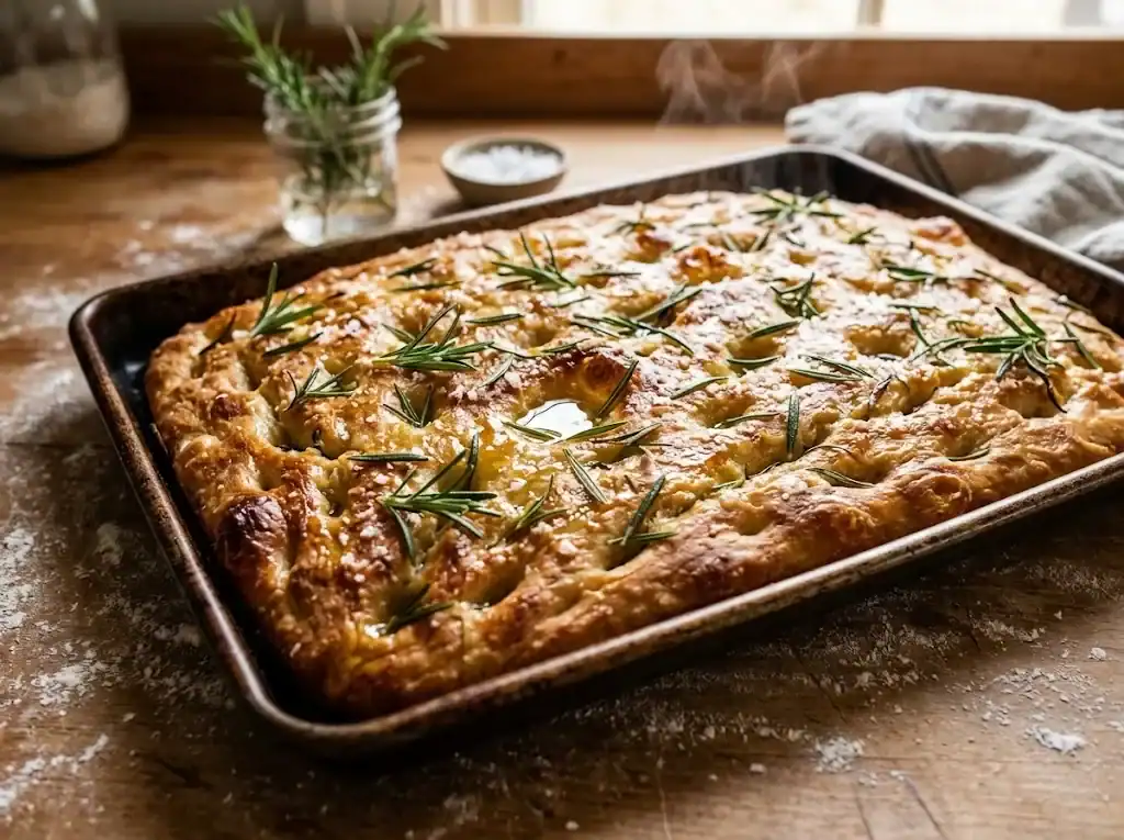 Sheet pan rosemary focaccia with dimpled surface, olive oil, and flaky salt