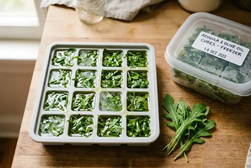 Chopped arugula and olive oil frozen in a silicone ice-cube tray, with a sealed container and fresh leaves alongside