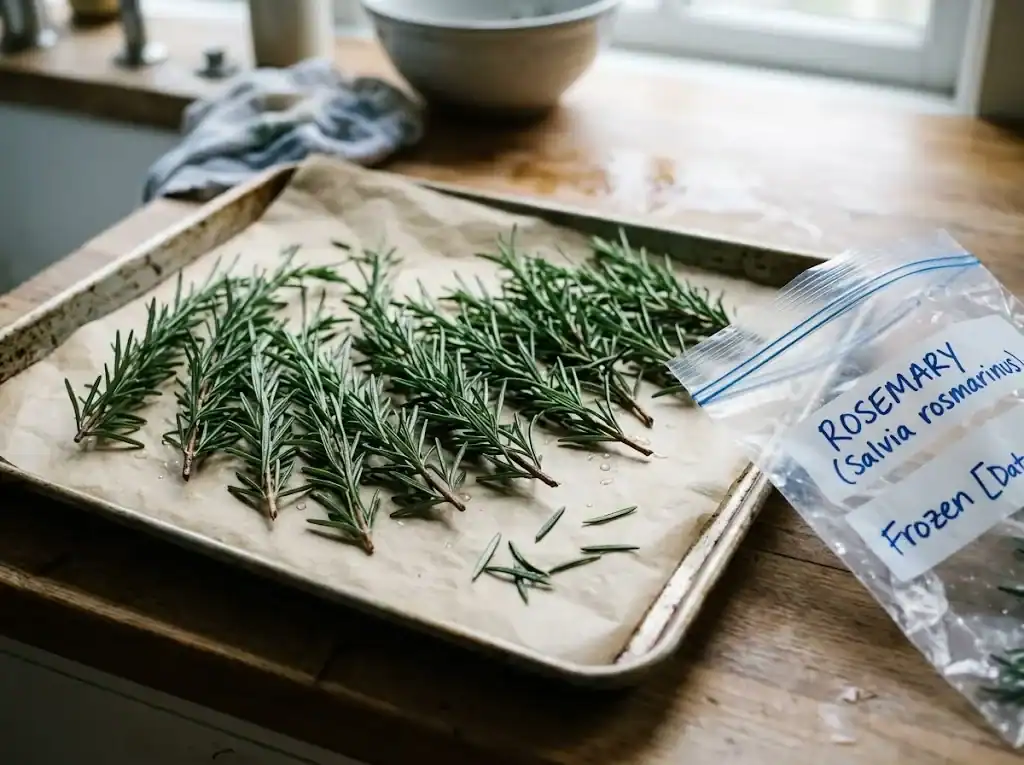 Fresh rosemary sprigs laid out on a parchment-lined baking sheet for flash freezing
