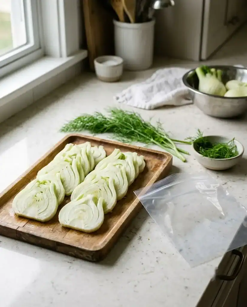 Sliced blanched fennel prepared in a freezer-safe bag on a kitchen counter