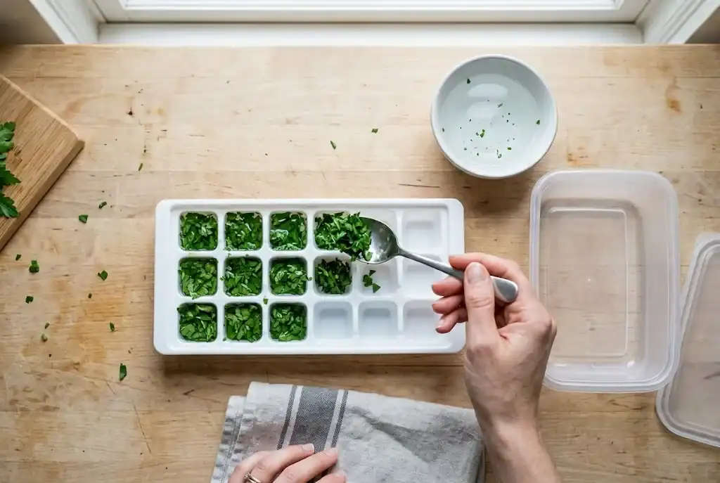 Chopped flat-leaf parsley being portioned into an ice-cube tray for freezing