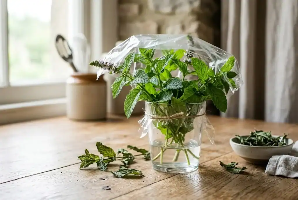 Cut mint stems standing in a glass of water with a loose plastic bag over the top, dried mint in a bowl nearby