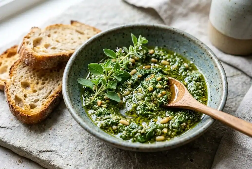 Fresh green oregano pesto in a ceramic bowl with toasted pine nuts and sourdough slices