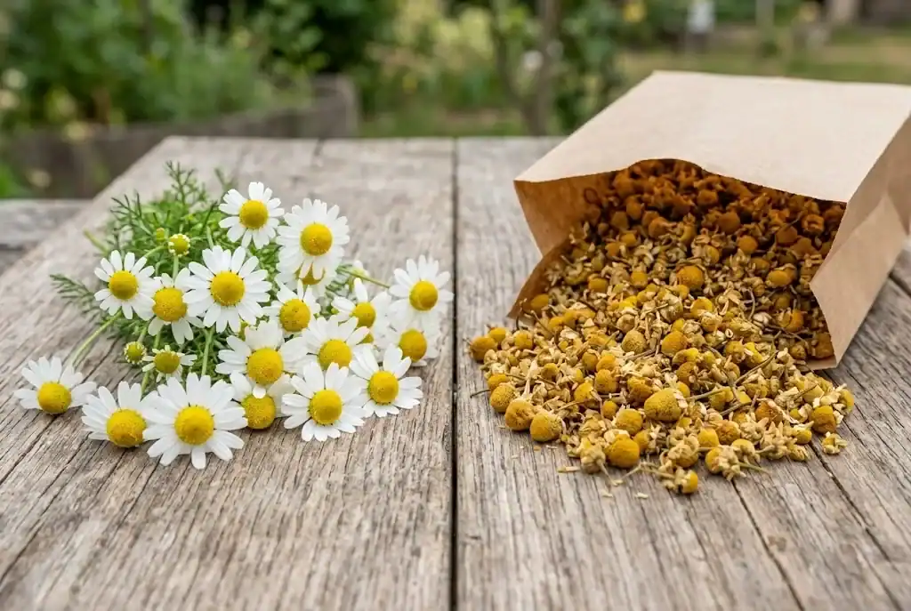 Freshly picked chamomile blossoms next to whole dried chamomile flower heads on a wooden drying board