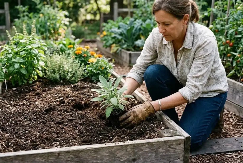Gardener planting culinary sage into deep, rich organic soil in a wooden raised garden bed