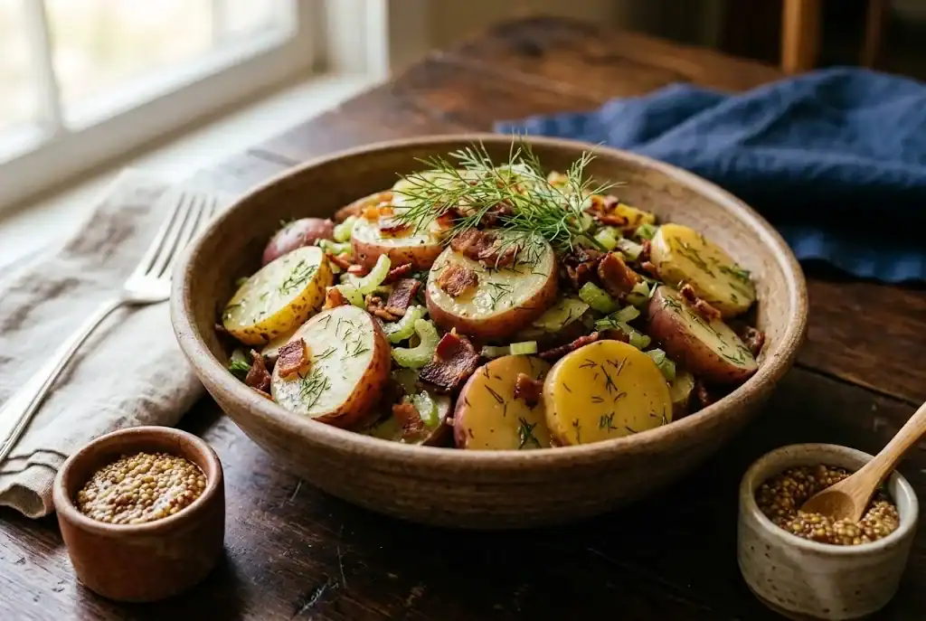 An earthenware bowl of warm sliced red and Yukon Gold potatoes in a tangy Dijon and bacon vinaigrette, garnished with fresh green dill